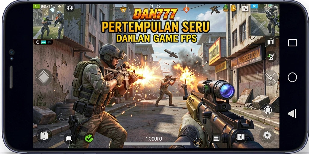 Tampilan gameplay menegangkan dari DAN777 di medan perang FPS.