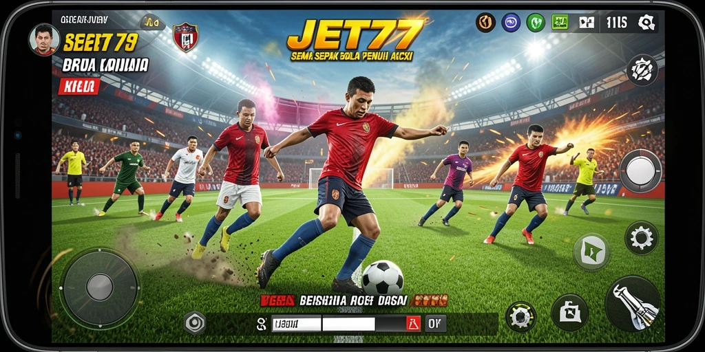 Tampilan gameplay JET77 menampilkan aksi seru di lapangan sepak bola.