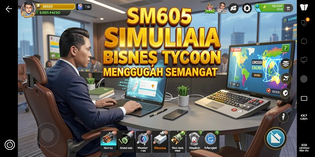 Tampilan gameplay mendebarkan dalam SM605 dengan berbagai elemen Tycoon.